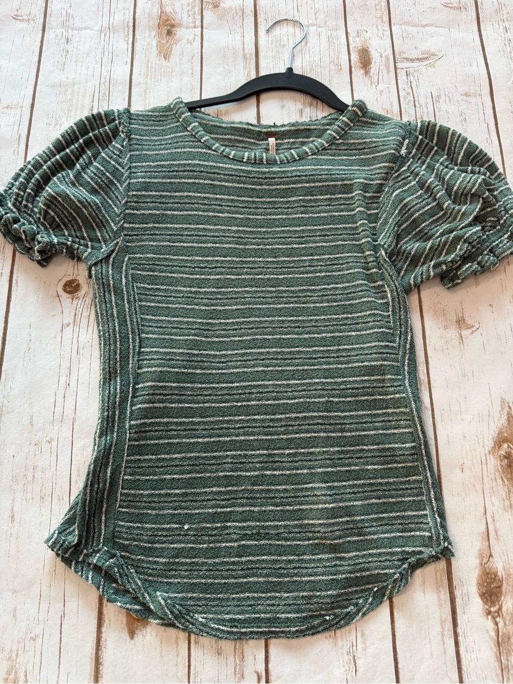 Free People Green Striped Textured Knit Puff Sleeve Boho Top